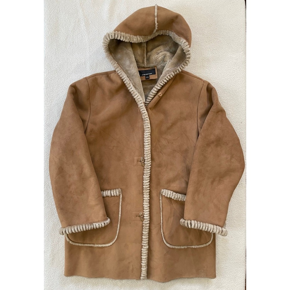 Jones New York Womens‎ Large Tan Faux Suede Shearling Hooded Coat Toggle Jacket